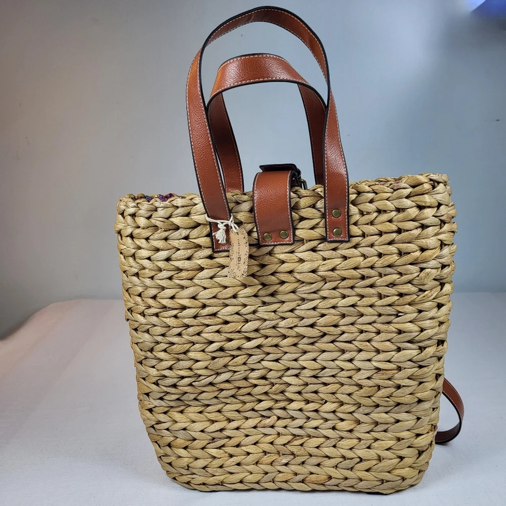 Natural Life Straw Backpack Tote BAG Floral Lined Water Hyacinth Woven Boho NWT